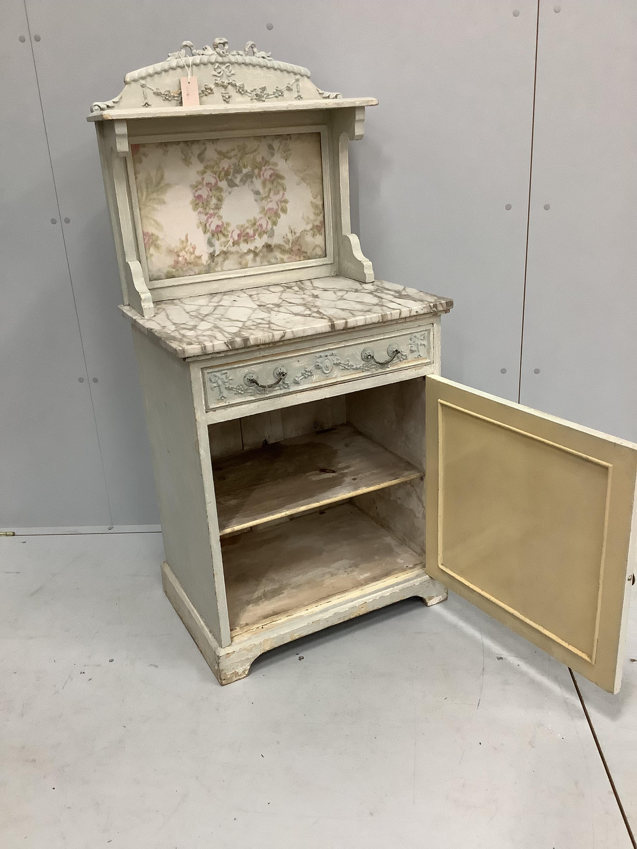 An early 20th century painted wood and composition marble topped washstand, width 61cm, depth 45cm, height 128cm